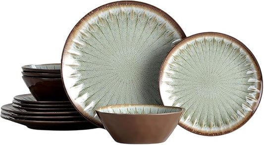 Melamine Dinnerware Sets for 4,12 Pcs Party Plates and Bowls Sets,Outdoor Use Harvest Dinner Dishes Set,Great for RVs Camping,Lightweight Unbreakable,Dishwasher Safe,Sage Green