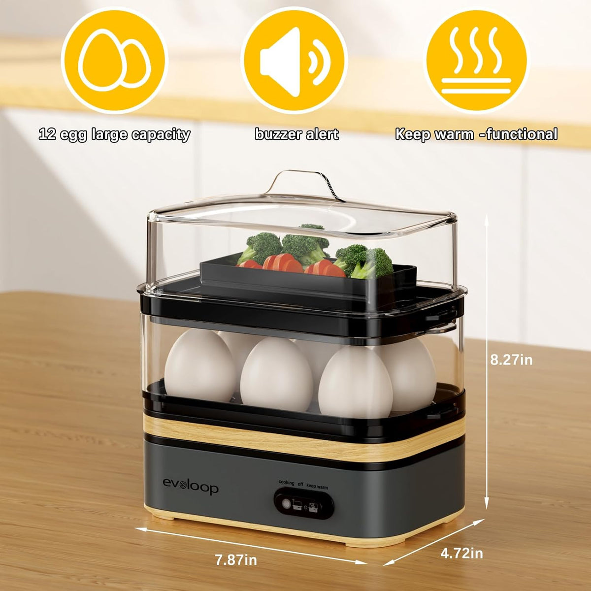 Rapid Egg Cooker Electric 12 Eggs Capacity, Soft, Medium, Hard Boiled, Poached – set view