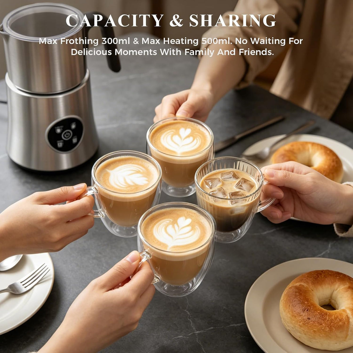 Automatic Electric Milk Frother and Steamer with Hot and Cold Foam – set view
