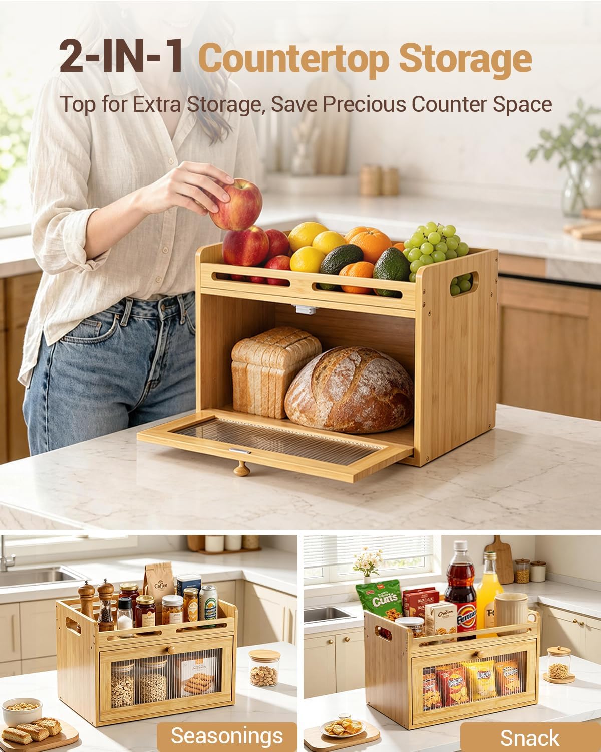 Bread Box for Kitchen Countertop, Bamboo Storage Container with Top Shelf – detail