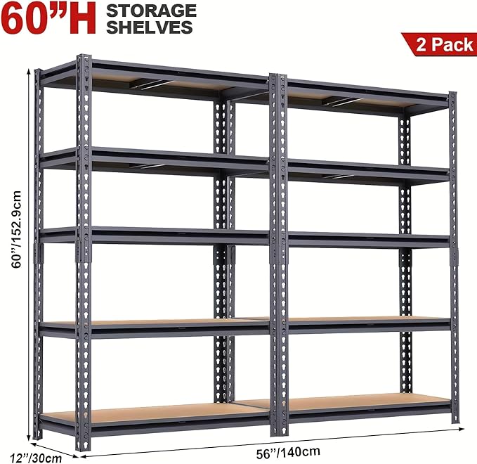 Standing Shelf Units, 2-Piece Metal Garage Rack, 12 x 28 x 60 in