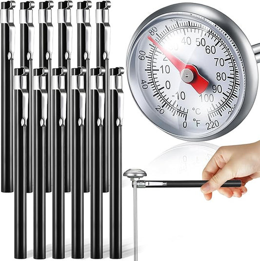 Xuhal 12 Pcs Stainless Steel Kitchen Thermometer with 5 Inch Long Stem 1 Inch Dial Thermometer Milk Frothing Food for Oven Probe Meat Grill BBQ Cooking Chocolate Water (Black)