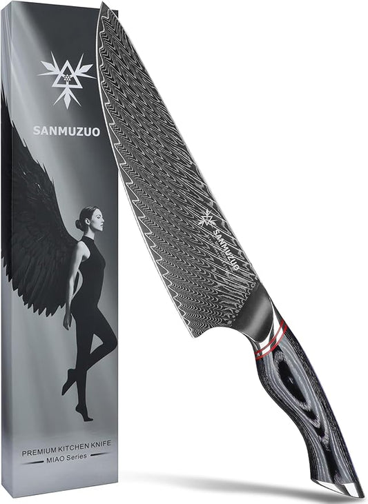 Chef Knife 8 Inch - Professional Japanese Kitchen Knife - Black Damascus Steel with Ergonomic Handle - MIAO Series
