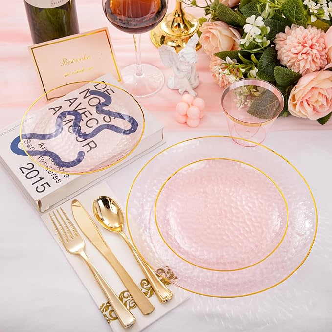 Plates for Parties: Round Pink Plastic Set with Gold Rim