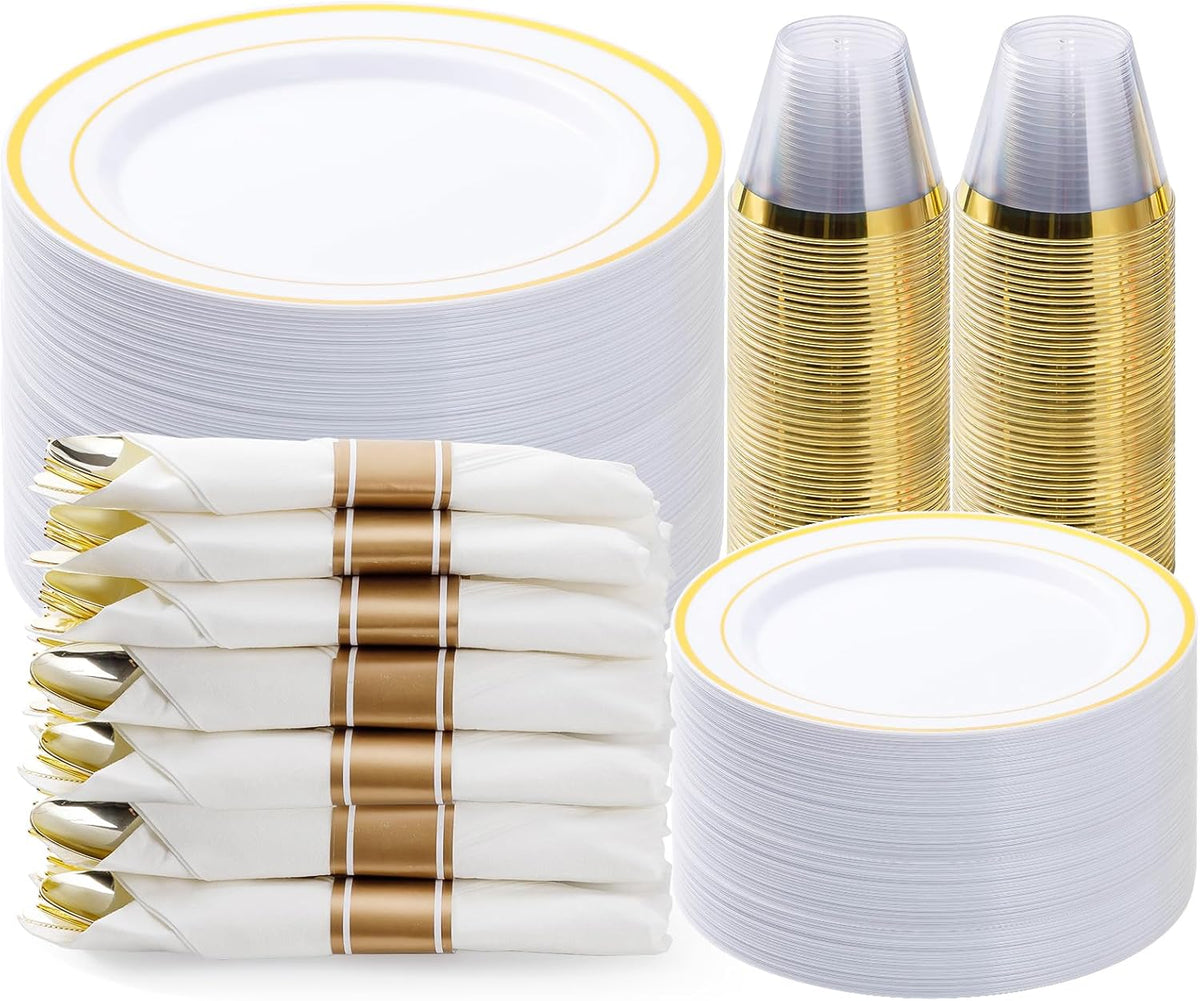 350 Piece Gold Plastic Dinnerware Set for 50 Guests