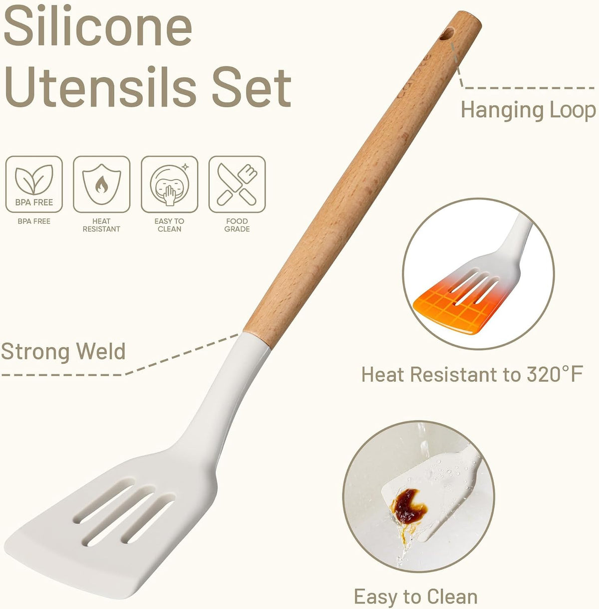 22-Piece Cooking Utensils Set with Wood Cool-Touch Handles, Cream – close-up