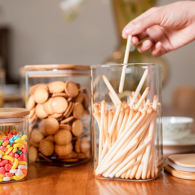 Liuruiyu Glass Food Storage Jars 37 oz Set of 6,Glass Storage Containers Clear Glass Food Canister with Bamboo Lid Airtight For Serving Tea,Coffee,Flour,Sugar,Candy,Cookie,Spice and More (Square)