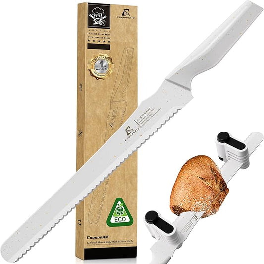Resharpenable Bread Knife for Homemade Bread, 11.6-Inch Multifunction Serrated Knife with 5 Thickness Adjustable Slicing Guide, Stainless Steel Bread Cutter, Razor Sharp for Sourdough, White