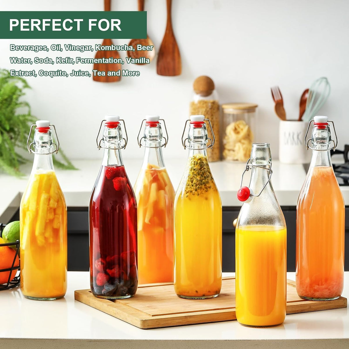 8 PACK [1 Liter/33 fl. oz.] Swing Top Glass Bottles w/ 2 Funnels & Pourers – set view