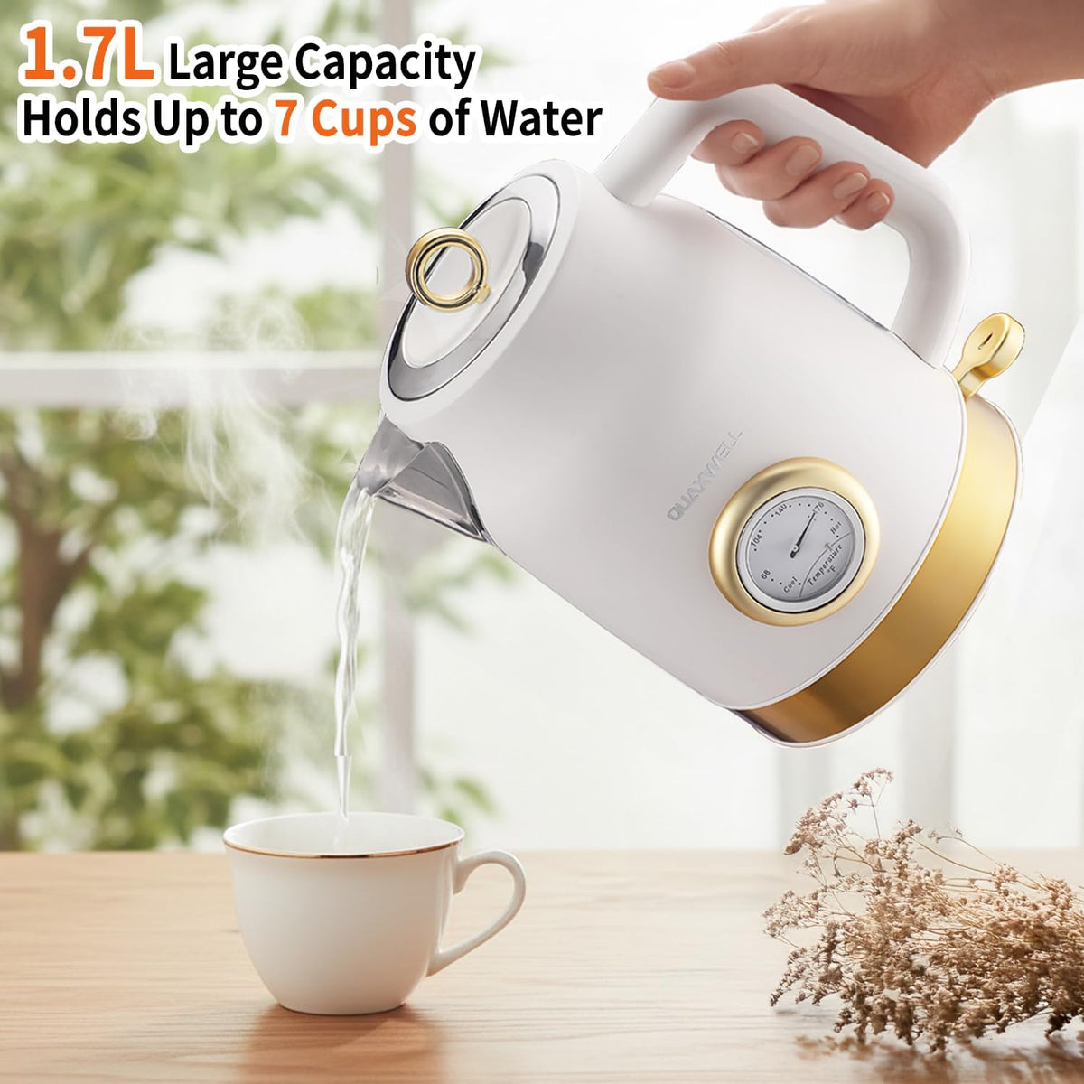 Retro Electric Tea Kettle, 1.7L, Matte White and Gold – features