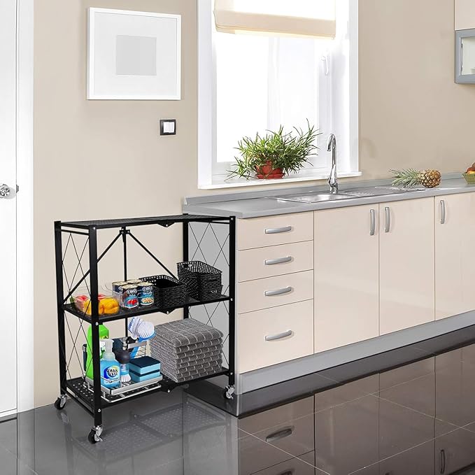 Standing Shelf Unit, 3-Tier Metal Storage Rack with Caster Wheels