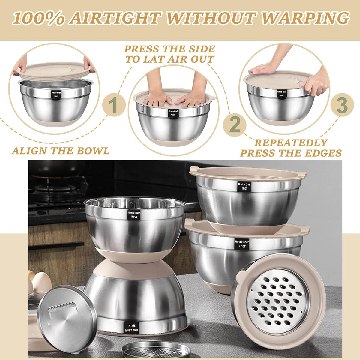 Mixing Bowls with Airtight Lids Set, 26PCS Stainless Steel Khaki Bowls – set view