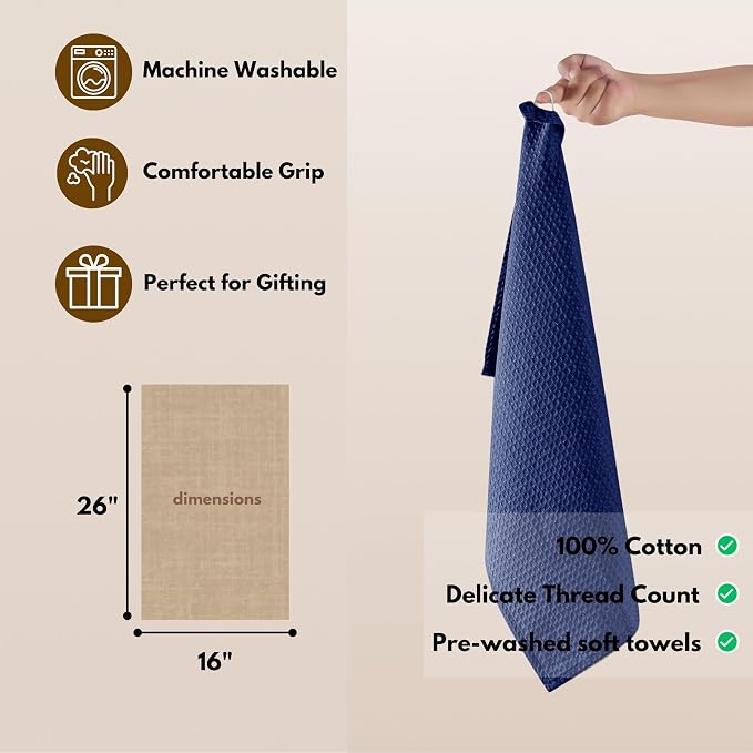 Dish Towels, 6 Pack, 100% Cotton Waffle Weave, 16x26 Inch, Indigo Blue