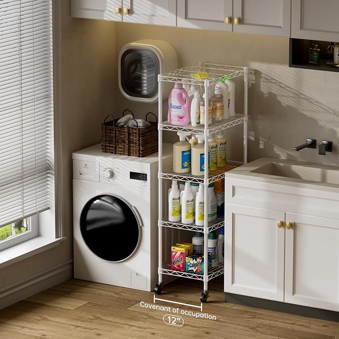 Standing Shelf Unit 5-Tier Metal Wire Rack with Wheels, White