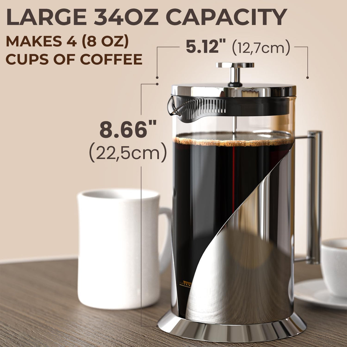 French Press Coffee Maker, 34 oz Glass, Stainless Steel – another angle