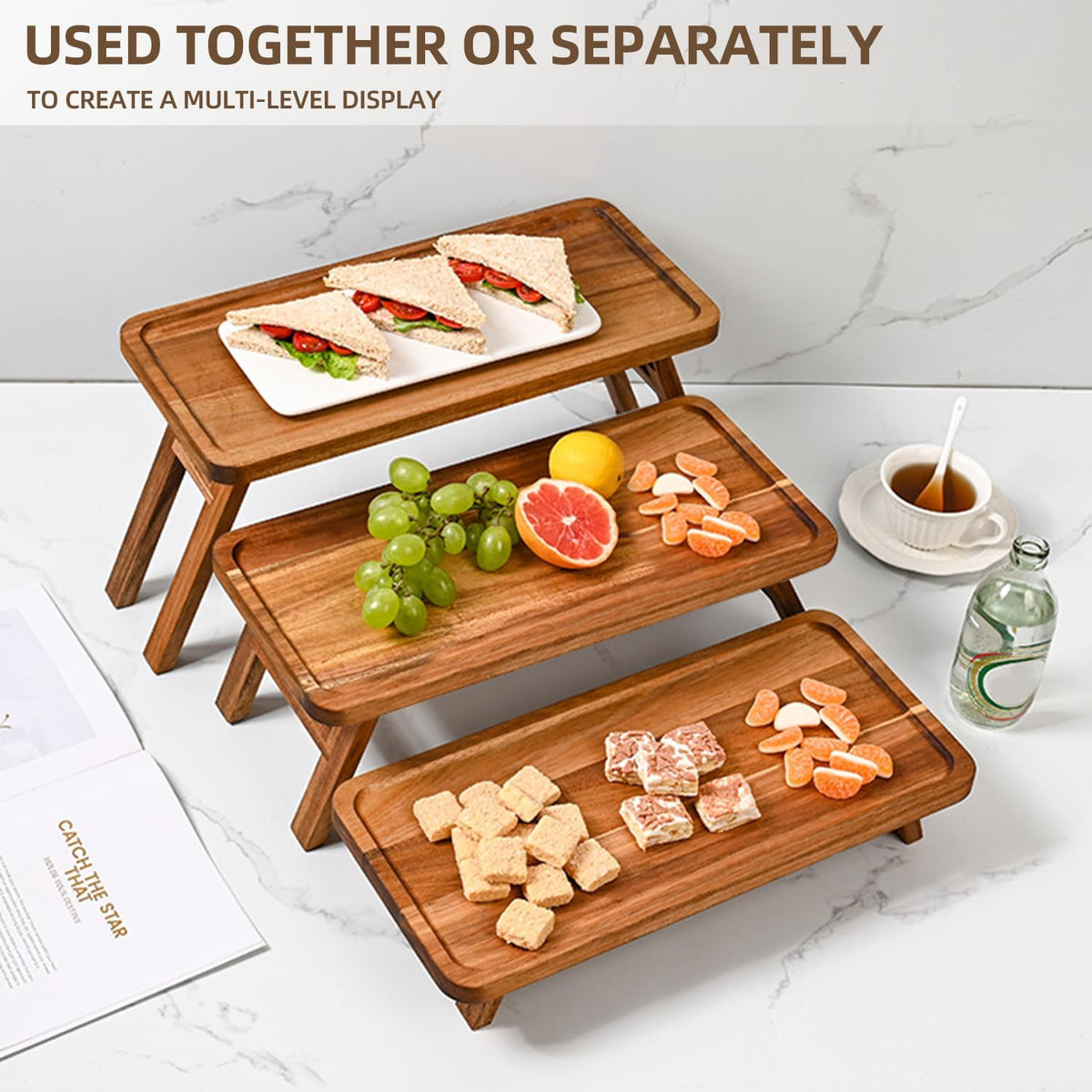 3 Tier Serving Tray Acacia Wooden Tiered Tray Stand Foldable Dessert Table – another angle