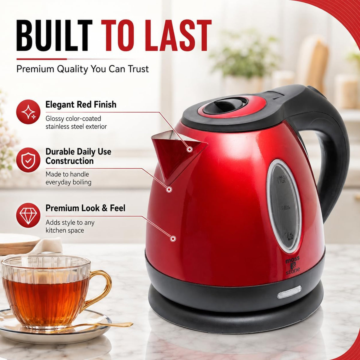 Red Stainless Steel Electric Kettle, 1.2L Cordless 1500W – alternate view