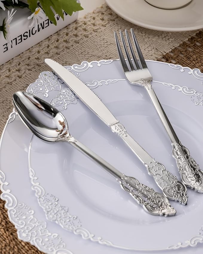 Plates with Silver Border, Disposable Plastic Party Set for 50