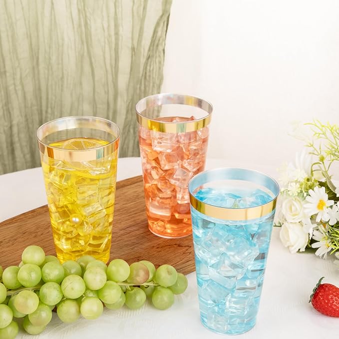 Cups, 16 oz Clear Plastic with Gold Rim, 100 Count