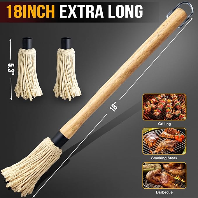 Walfos BBQ Mop Brushes for Sauce, Grilling Basting Mop Wooden Long Handle with 3 Heads, for Grilling, Barbecue, Smoking Steak (18")