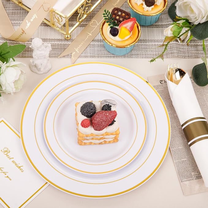 Plates Set, White and Gold Disposable Dinnerware for 50 Guests