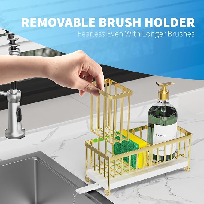 Kitchen Sink Caddy Organizer, Gold Stainless Steel with Brush Holder