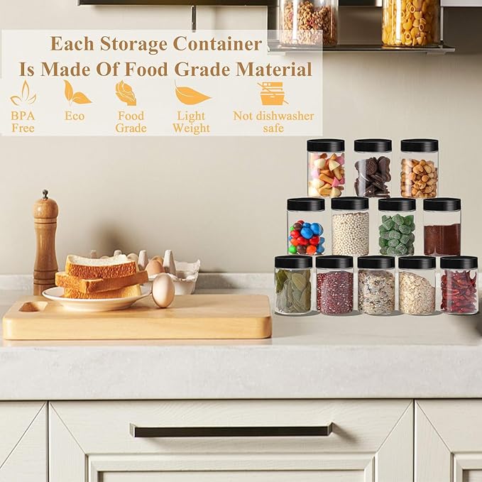 Food Jars Canisters, 8 oz Clear Plastic Storage Containers with Lids, 32 Pack