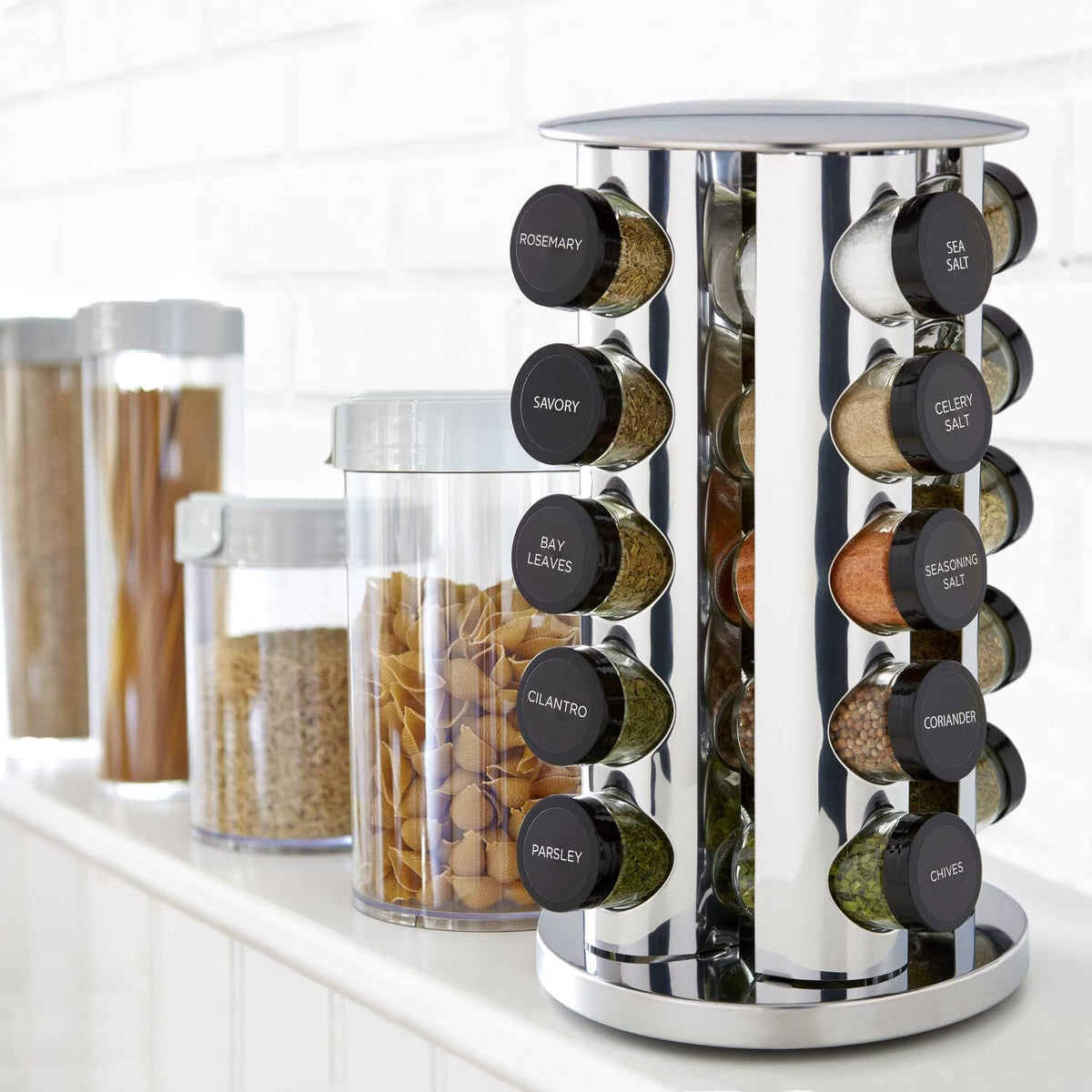 20 Jar Revolving Countertop Spice Rack with Spices Included, FREE Spice Refills – features