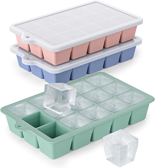 Silicone Ice Cube Tray 3 Pack - Easy Release ice cube tray with lid, BPA Free Ice Cubes Trays for Freezer,ice cube mold for Cocktail,Whiskey (Mint+Pink+Blue)