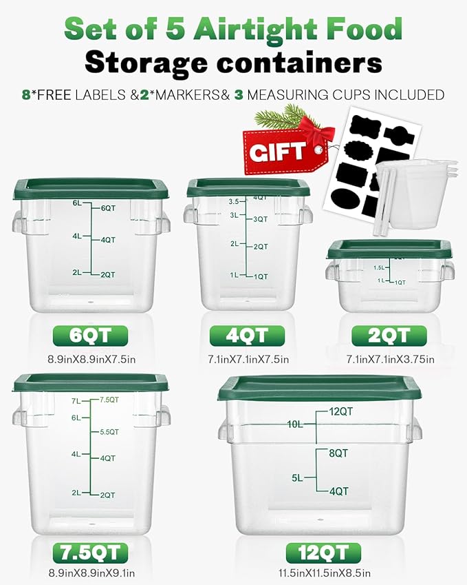 6QT NSF Food Storage Containers: 6PCS [Food Grade][Hot&Cold Resistant] Commercial Clear Food Storage Containers with Lids for Restaurant Kitchen Proof Dough, Measuring Spoons Included(GREEN N1)