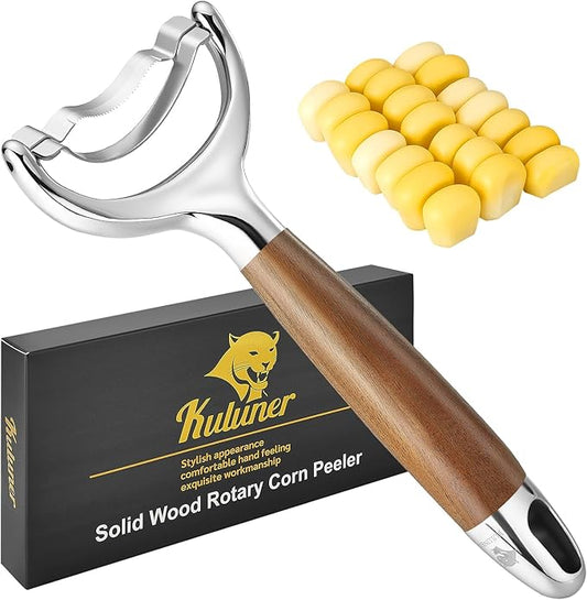 KULUNER Durable Stainless Steel Corn Peeler with Polished Wood Handle Corn on the Cob Stripper Kernel Remover Easy Use Corn Kernel Cutter Kitchen Gadget（Burma Teak）