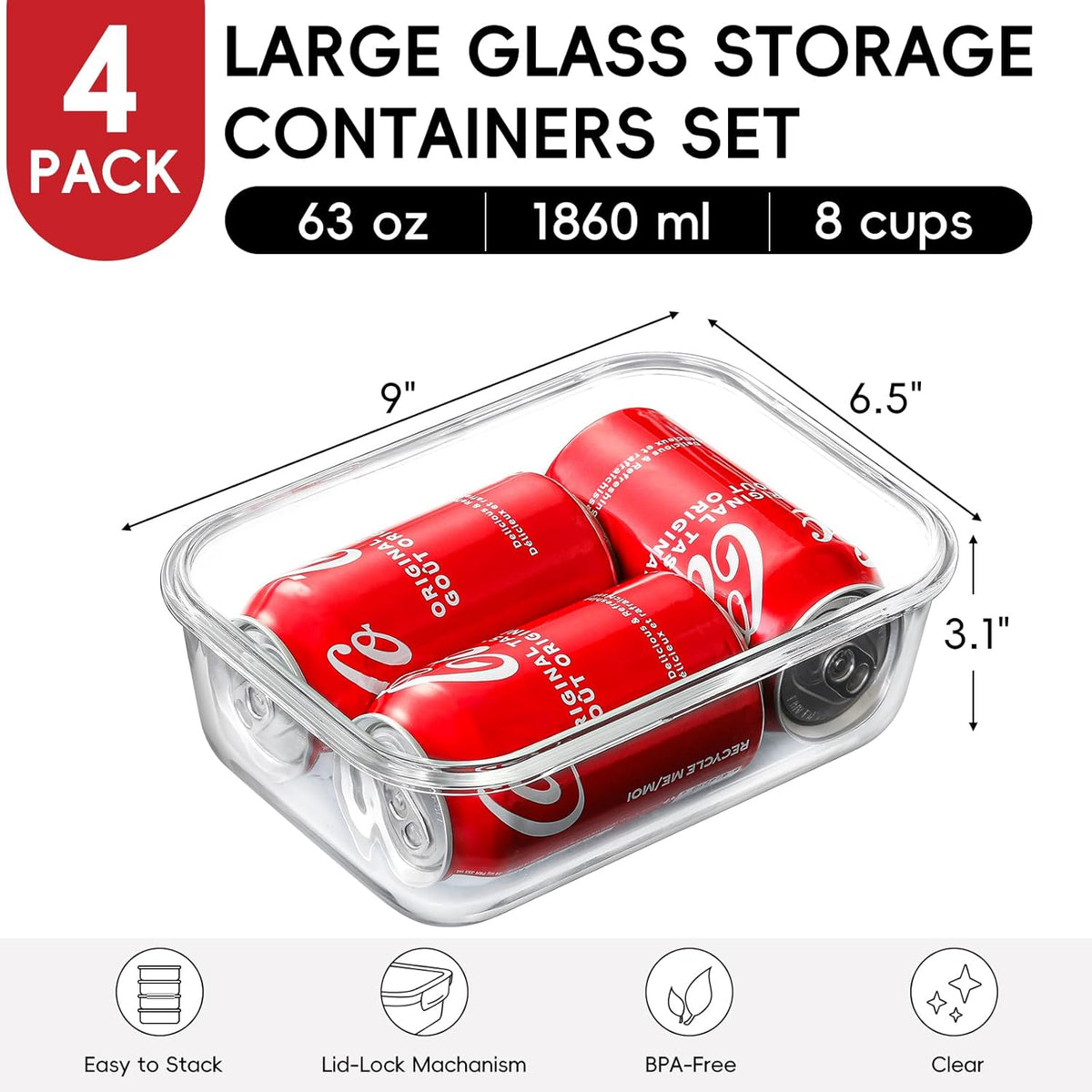 4 Pack 8 Cups/ 63oz Large Glass Storage Containers with Lids, Meal Prep – close-up