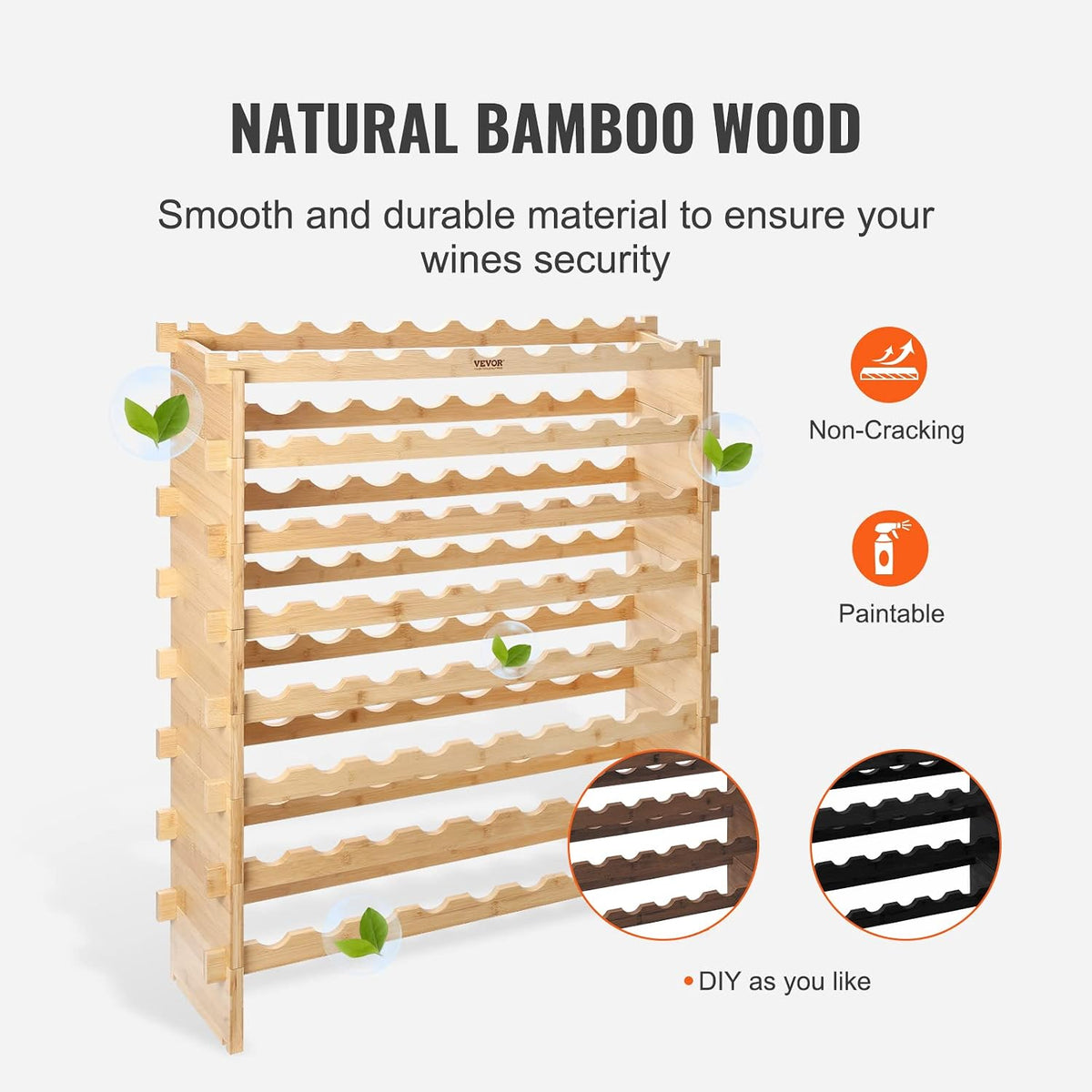 Wine Rack 72 Bottles 8-Tier Stackable Bamboo Freestanding Natural – size reference