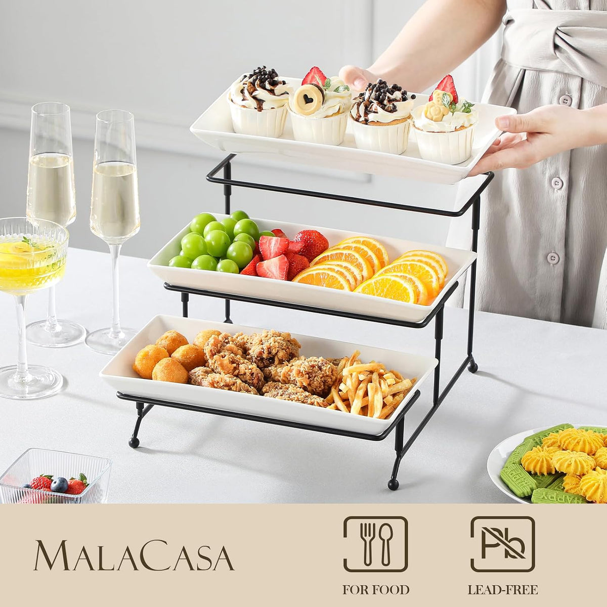 3 Tier Serving Trays, White Porcelain Serving Platters, 12 Inch – close-up