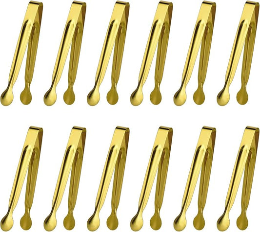 Small Serving Tongs,Ice Tongs,Sugar Tongs,Kitchen Tiny Tongs for Appetizers,Golden,12 PCS(6.3 Inch)