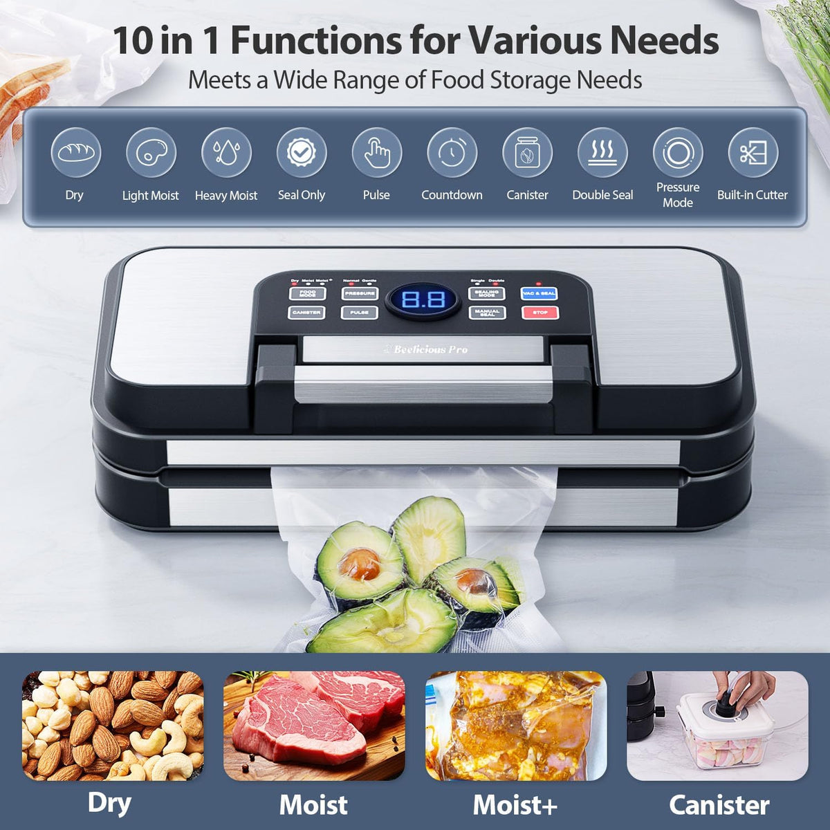 95kPa Precision Vacuum Sealer for Food with Dry/Moist Modes, 2X Strength – features