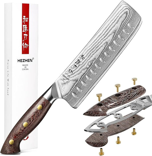HEZHEN Nakiri Knife,7.4 Inches, 67 Layers Damascus Steel Japanese Vegetable Knife for Professional Chefs and Home, Micarta Handle,Gift Ready