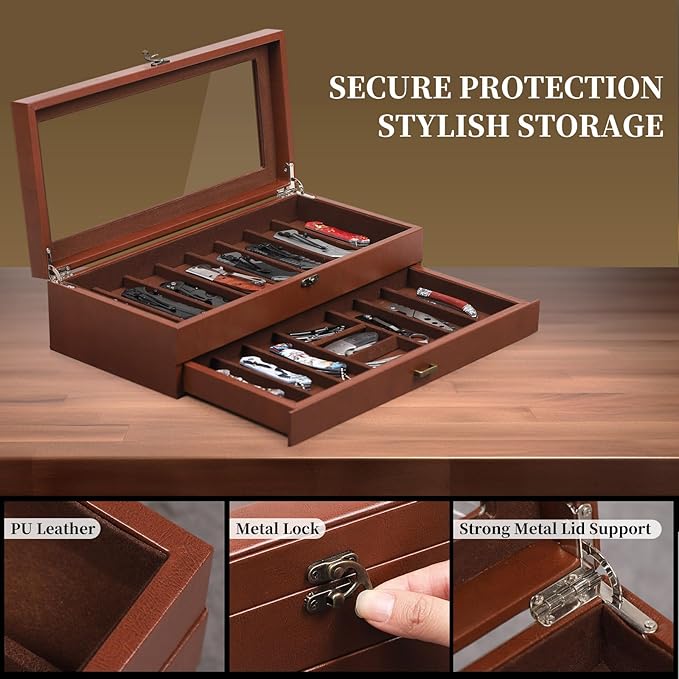AUTOARK 2-Tier PU Leather & Velvet Knife Organizer with 17 Slots,Transparent Glass Top & Drawer,Compact Storage for Pocket Knives,Perfect for Men's Collections & Gifts,Coffee,MKAW012