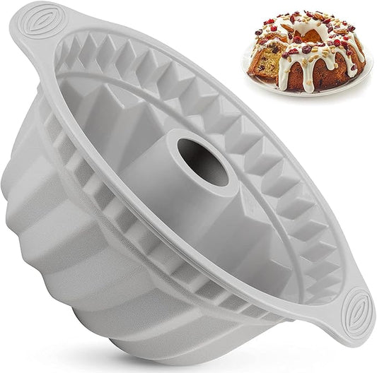 Kenond 2 PCS 9.5 Inch Silicone Cake Pans, Non-stick Fluted Cake Pan with Sturdy Handle, Cake Baking Molds, Perfect Bakeware for Cake, Jello, Gelatin, Bread, Para Gelatinas (Gray)
