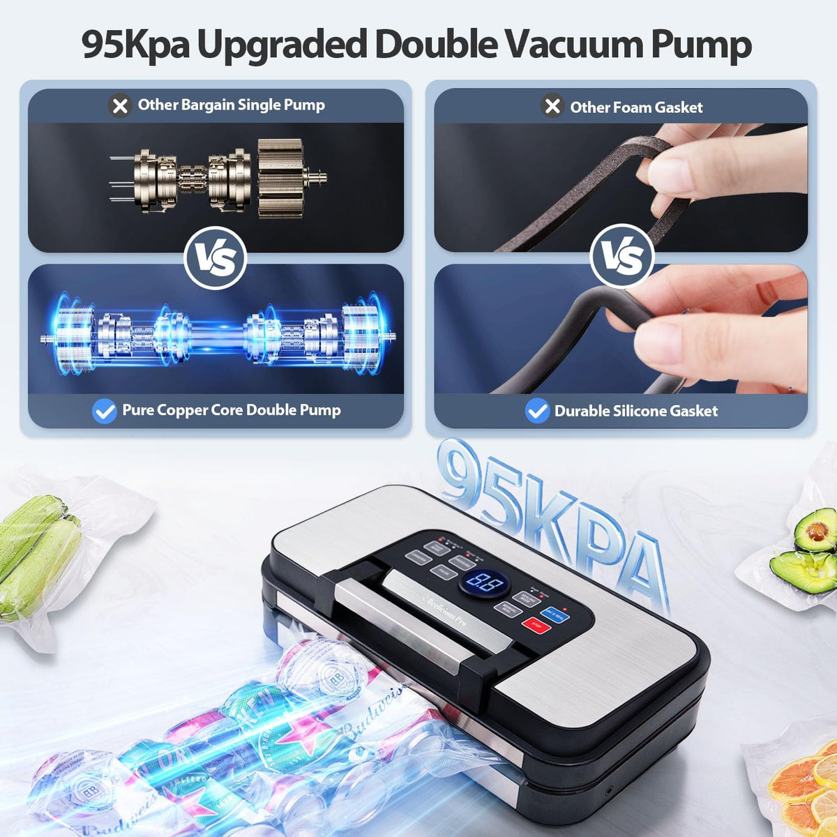 95kPa Precision Vacuum Sealer for Food with Dry/Moist Modes, 2X Strength – close-up
