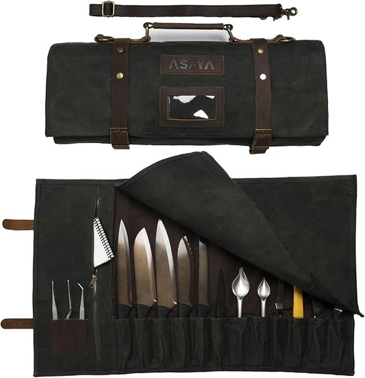 Asaya Waxed Canvas Knife Roll - 15 Knife Slots, Card Holder and Large Zippered Pocket - Genuine Leather, Cloth and Brass Buckles - for Chefs and Culinary Students - Knives Not Included