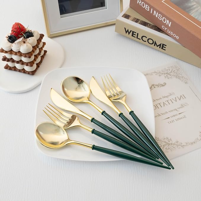 Plastic Spoons, Forks and Knives Set, 90 Pieces, Gold with Green Handles