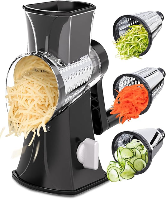 Rotary Cheese Grater Hand Crank, Cheese Shredder/Slicer/Chopper with Large Caliber and Strong Suction Base, 3 Blades for Potatoes/Nuts/Vegetables, Easy to Use Clean for Home