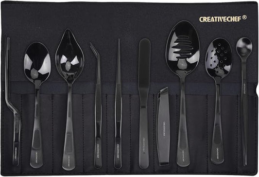 CREATIVECHEF 10 PCS Plating Tools Culinary Set Contains Kitchen Tweezers Spatula Sauce Plating Spoon（Black）