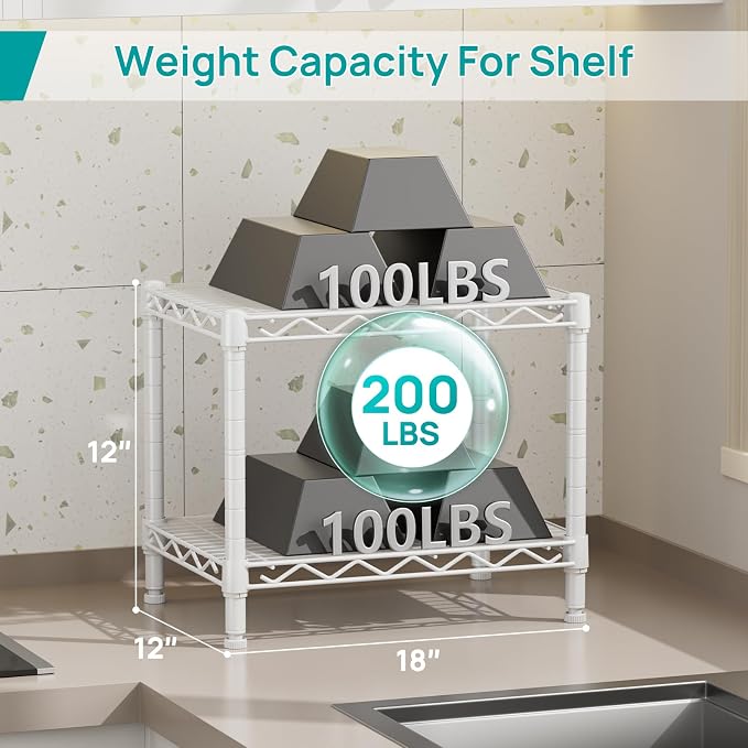 Standing Shelf Unit, 2-Tier Metal Wire Shelving with Adjustable Layers, White