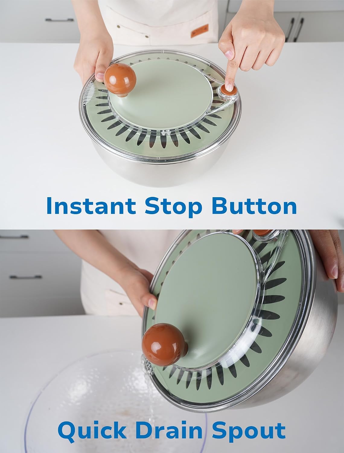 Stainless Steel Salad Spinner, BPA Free, Quick Dry & Stop, 5.3 Qt – close-up