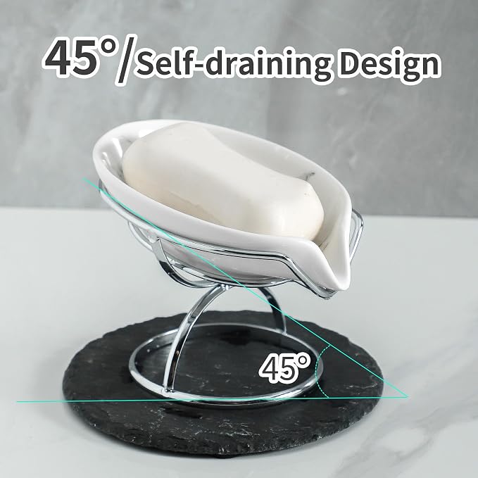 Ceramic Soap Dish with Stainless Steel Stand, Leaf Shape, 2 Pack