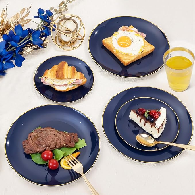 Plates Set, Navy Blue Heavy Duty Plastic with Gold Trim, 350 Pieces