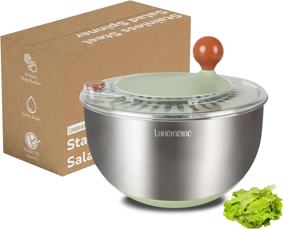 Stainless Steel Salad Spinner, BPA Free, Quick Dry & Stop, 5.3 Qt