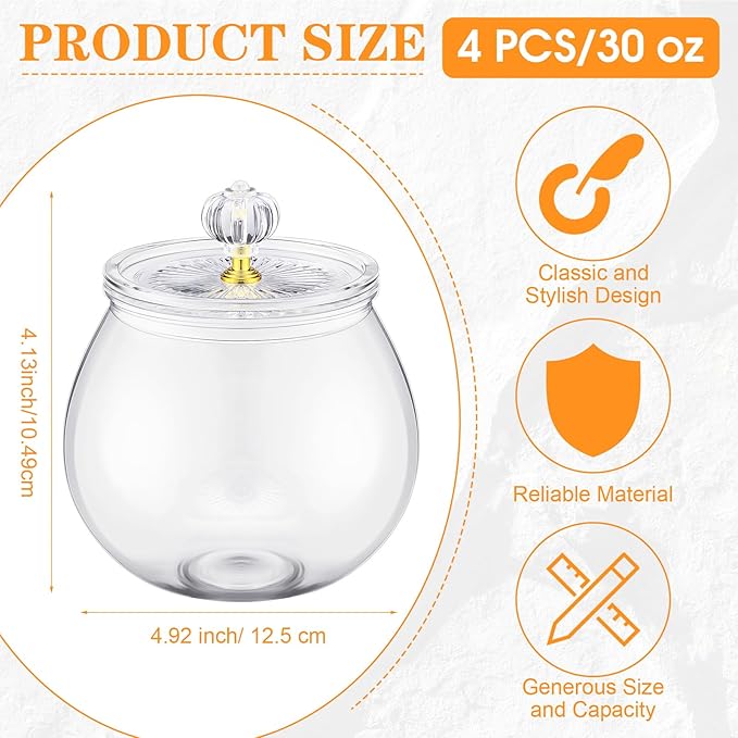 Food Jars Canisters, 4 Clear Plastic Jars with Lids, Up to 30 oz